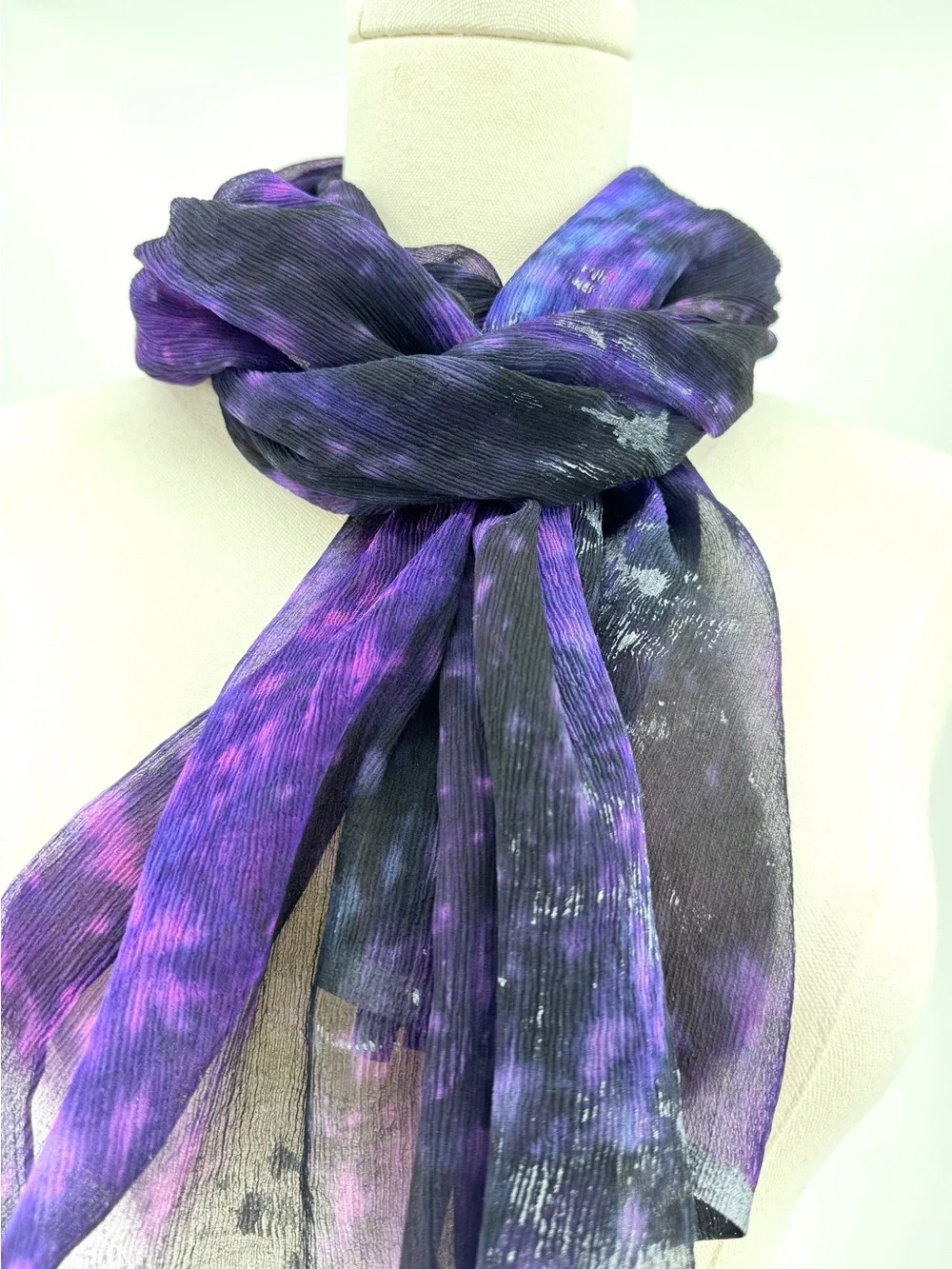 Vintage Purple and Black artisan crafted silk scarf shawl with silver highlights